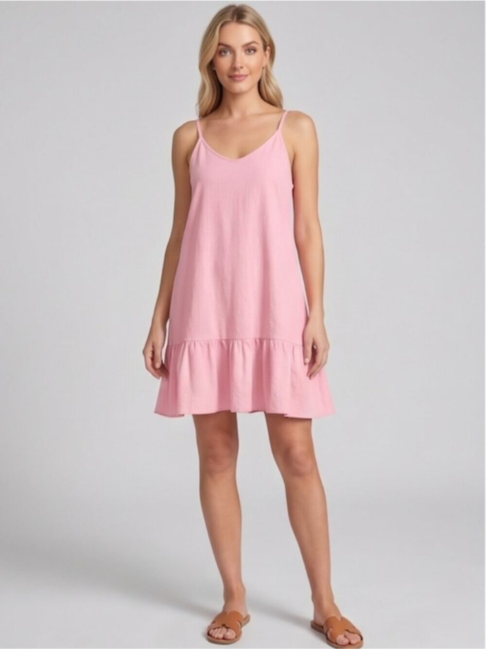Pink Cotton Spaghetti Strap Ruffled Mini Sundress